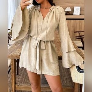 New Flowy Tiered Ruffle Sleeve Tie Mini Dress PLUS Khaki Tan